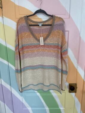 Sundance Pastel Stripe Open Knit Slouchy V Neck Sweater Medium NWT Wool Blend